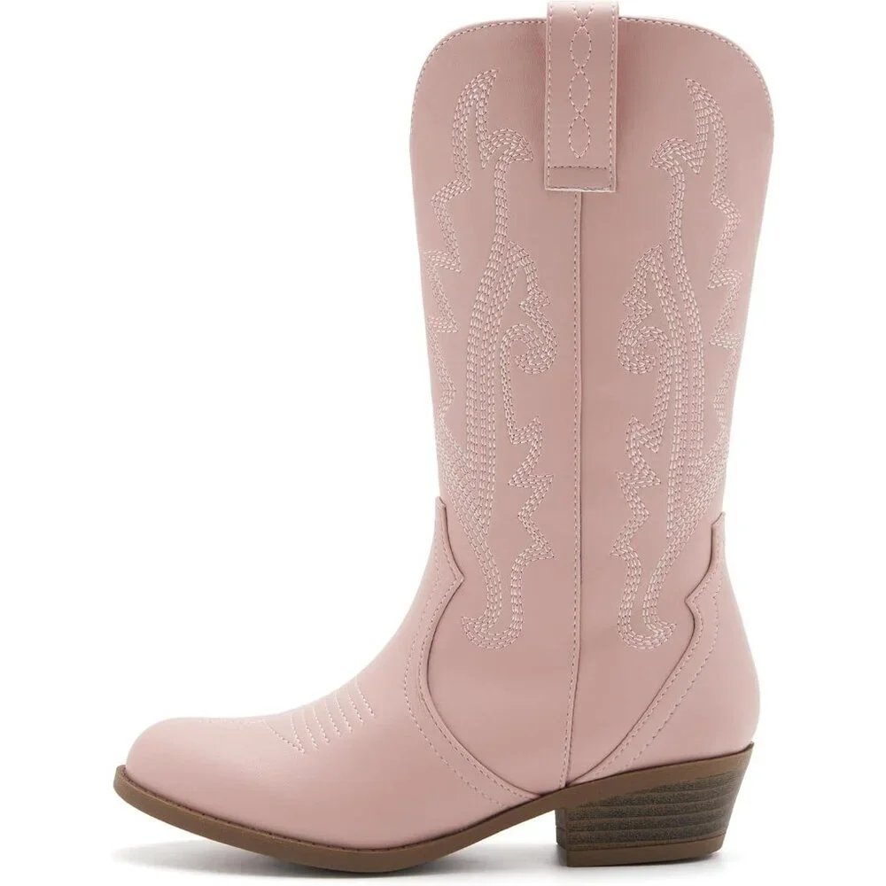 ⚡Girls Pink Kids Western Boots Embroidered Cowgirl Boots Riding Shoes Mid Calf